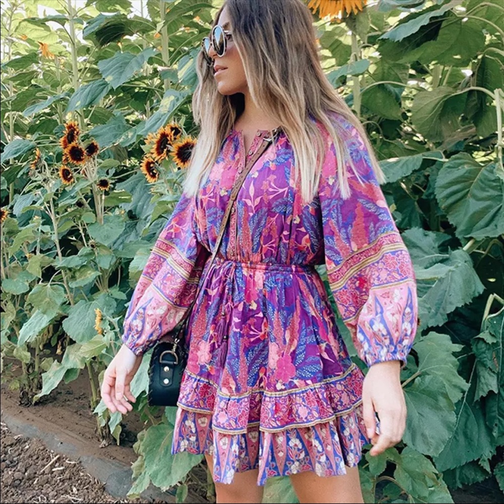 NWT Purple Boho Floral Gypsy Print Dress Long Sleeve